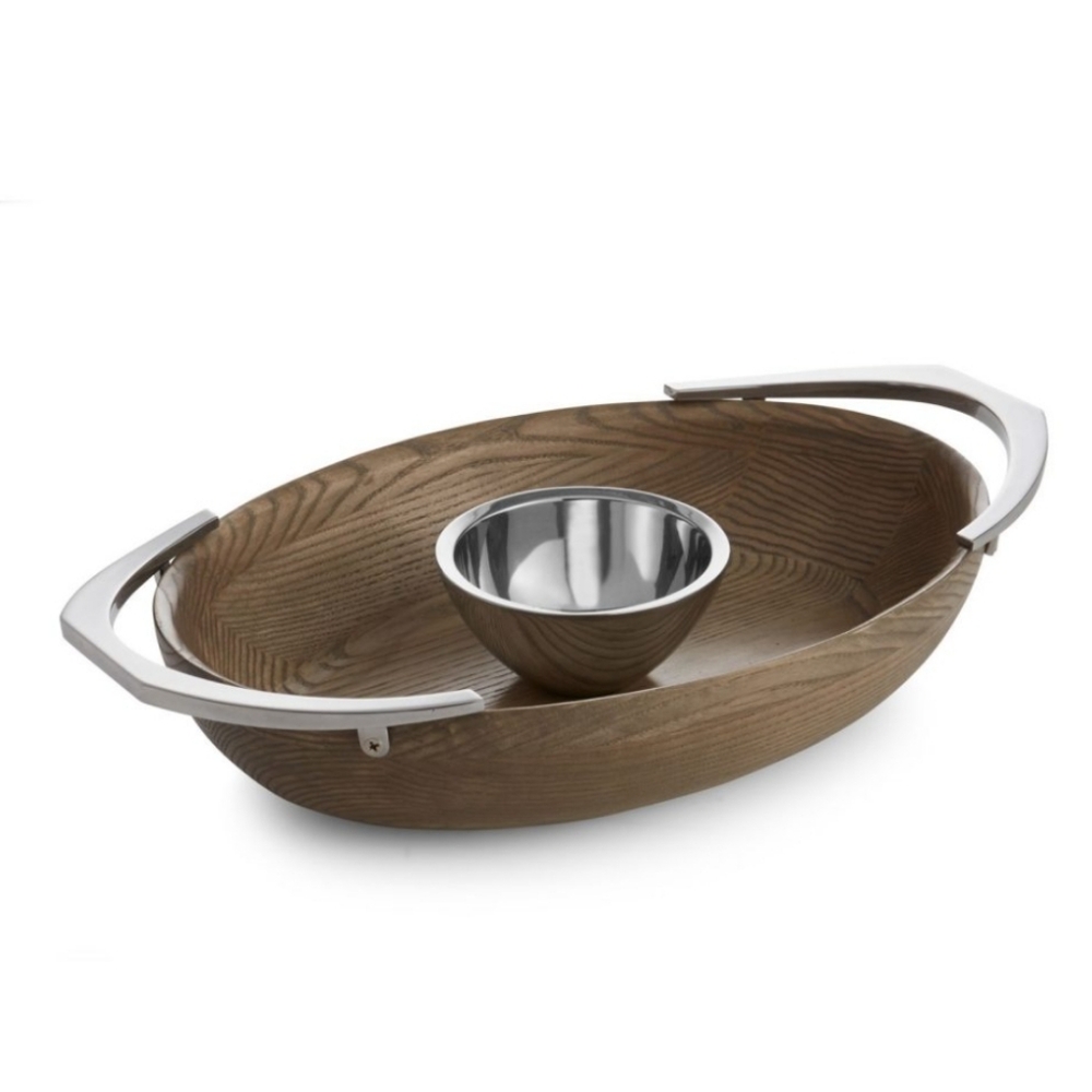 2 for $300 - Nambé CABO Chip & Dip Set - 17.5"L x 11"W x 4"H - Alloy & Ash Wood